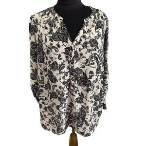 Sarah Michelle Beige & Black Floral Print, V Neck Top With Roll Tab Sleeves, 1X